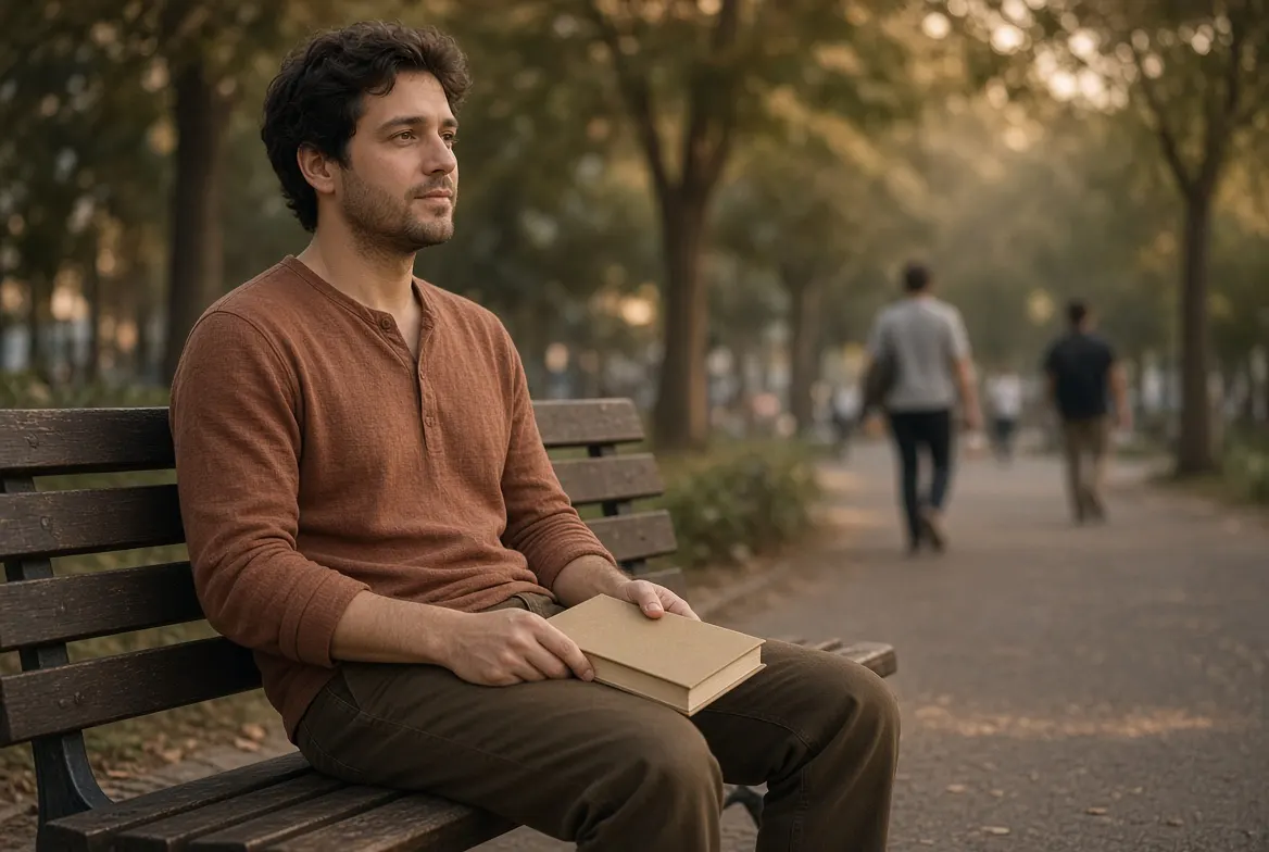 A man in a rust-colored shirt sits on a park bench with a closed book, watching people walk by at sunset.